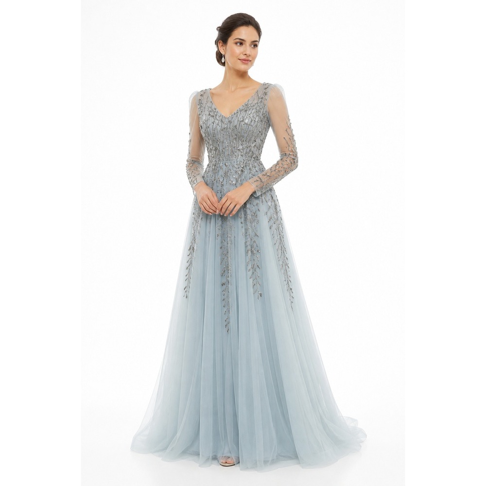 Mac Duggal Long Sleeve Beaded Full Length Gown 6 Gray Blue Sequin Beaded Tulle